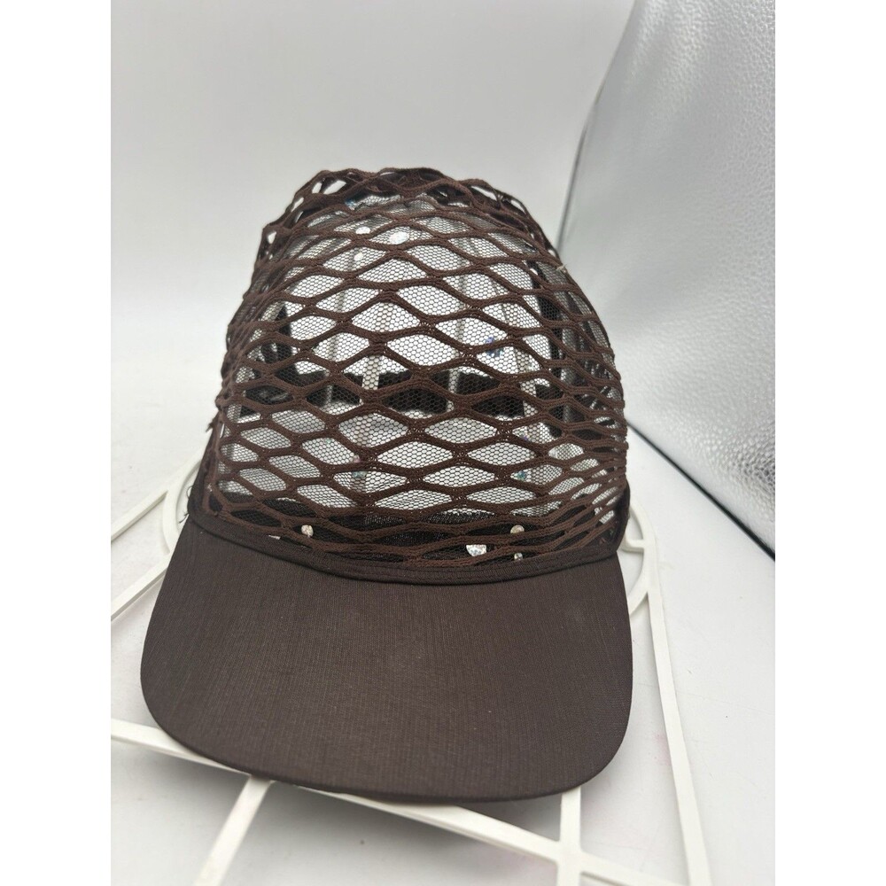 New Women’s Brown Open Weave Mesh Baseball Cap Sparkle Accents Elastic Back